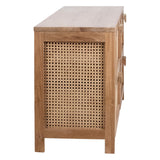 This beautifully designed 63” teakwood sideboard will be the perfect companion to both modern and traditional aesthetics. Featuring rattan details that add texture and an artisan touch to the four drawers and side panels. The ample interior offers plenty of storage for dining room or bedroom essentials.Depth : 18 in Amethyst Home provides interior design, new home construction design consulting, vintage area rugs, and lighting in the Boston metro area.