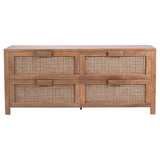 This beautifully designed 63” teakwood sideboard will be the perfect companion to both modern and traditional aesthetics. Featuring rattan details that add texture and an artisan touch to the four drawers and side panels. The ample interior offers plenty of storage for dining room or bedroom essentials.Depth : 18 in Amethyst Home provides interior design, new home construction design consulting, vintage area rugs, and lighting in the Los Angeles metro area.