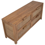 This beautifully designed 63” teakwood sideboard will be the perfect companion to both modern and traditional aesthetics. Featuring rattan details that add texture and an artisan touch to the four drawers and side panels. The ample interior offers plenty of storage for dining room or bedroom essentials.Depth : 18 in Amethyst Home provides interior design, new home construction design consulting, vintage area rugs, and lighting in the Nashville metro area.