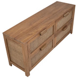 This beautifully designed 63” teakwood sideboard will be the perfect companion to both modern and traditional aesthetics. Featuring rattan details that add texture and an artisan touch to the four drawers and side panels. The ample interior offers plenty of storage for dining room or bedroom essentials.Depth : 18 in Amethyst Home provides interior design, new home construction design consulting, vintage area rugs, and lighting in the Nashville metro area.
