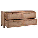 This beautifully designed 63” teakwood sideboard will be the perfect companion to both modern and traditional aesthetics. Featuring rattan details that add texture and an artisan touch to the four drawers and side panels. The ample interior offers plenty of storage for dining room or bedroom essentials.Depth : 18 in Amethyst Home provides interior design, new home construction design consulting, vintage area rugs, and lighting in the Omaha metro area.
