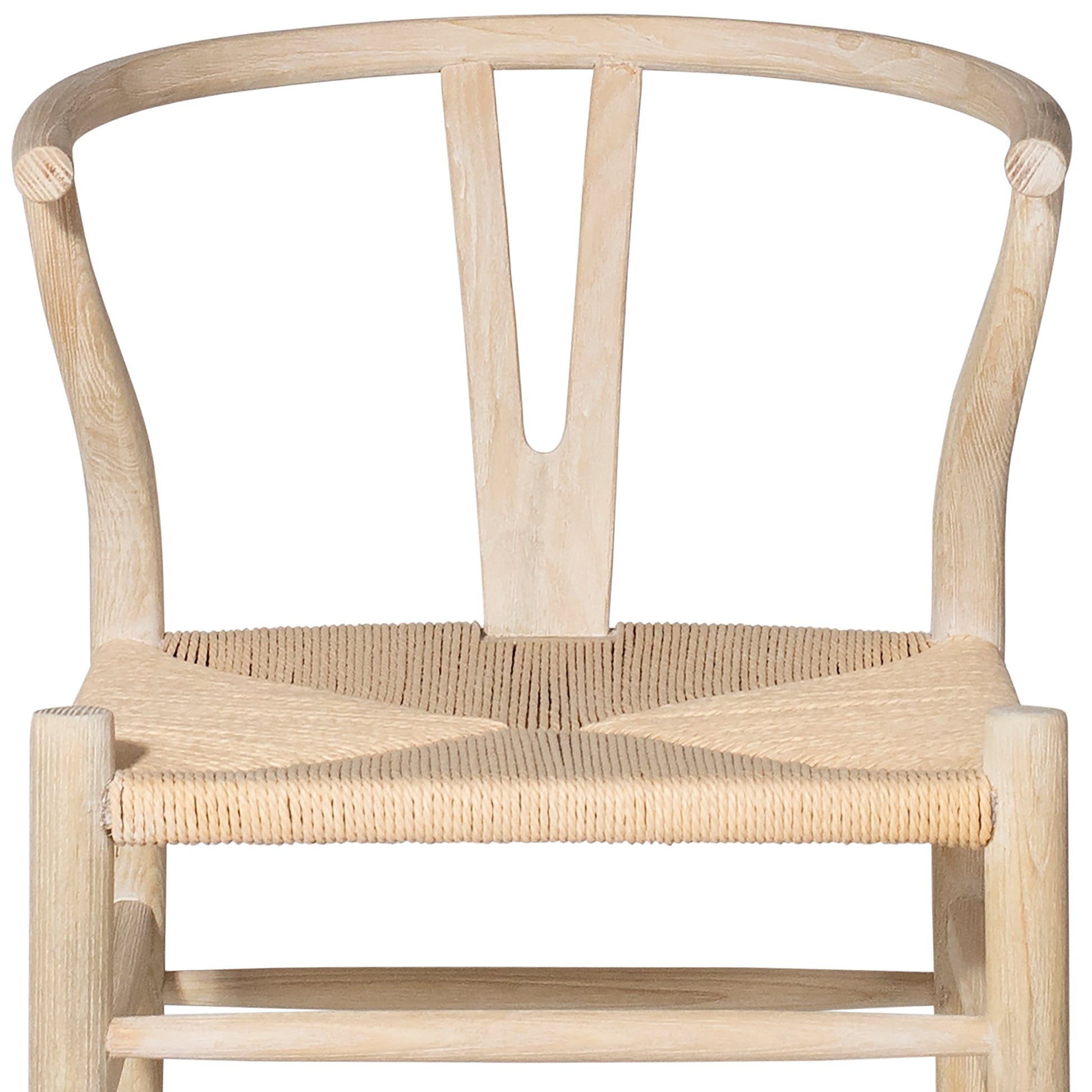 A trendy take on a classic mid-century modern wishbone chair. This dining chair stands out with its curved, oak wood frame and craft paper woven seating. The woven seat adds an organic feel to the sculptural form and cutout back design, while the light finish completes the fresh and airy look. Certainly, a statement piece.Arm_height : 26 in Amethyst Home provides interior design, new home construction design consulting, vintage area rugs, and lighting in the Boston metro area.