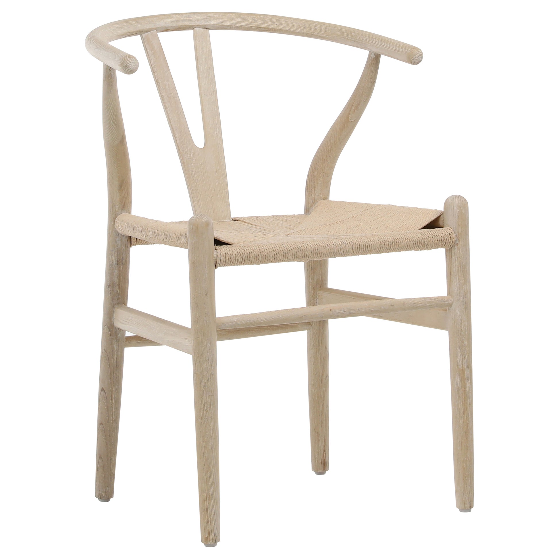 A trendy take on a classic mid-century modern wishbone chair. This dining chair stands out with its curved, oak wood frame and craft paper woven seating. The woven seat adds an organic feel to the sculptural form and cutout back design, while the light finish completes the fresh and airy look. Certainly, a statement piece.Arm_height : 26 in Amethyst Home provides interior design, new home construction design consulting, vintage area rugs, and lighting in the Miami metro area.
