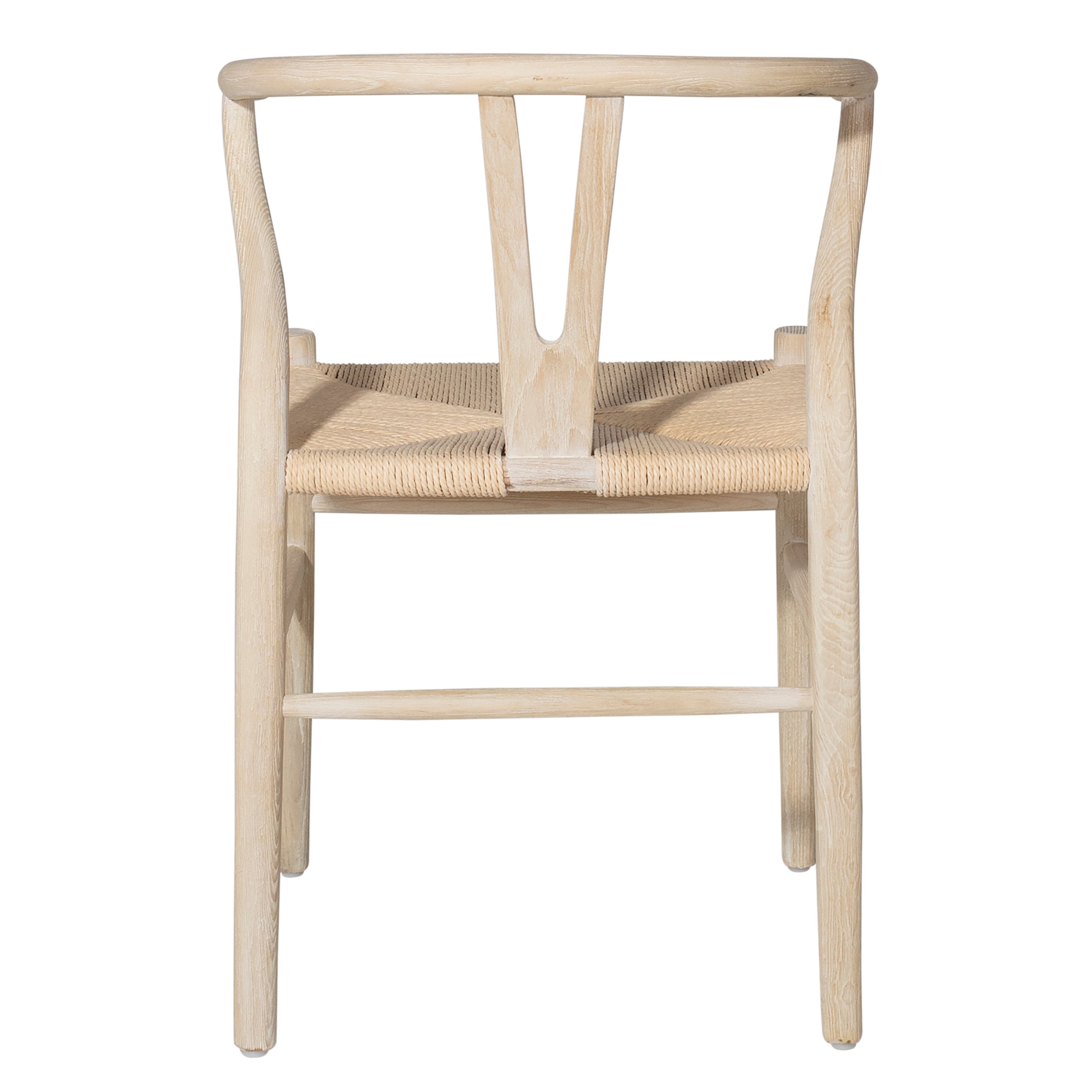 A trendy take on a classic mid-century modern wishbone chair. This dining chair stands out with its curved, oak wood frame and craft paper woven seating. The woven seat adds an organic feel to the sculptural form and cutout back design, while the light finish completes the fresh and airy look. Certainly, a statement piece.Arm_height : 26 in Amethyst Home provides interior design, new home construction design consulting, vintage area rugs, and lighting in the Portland metro area.