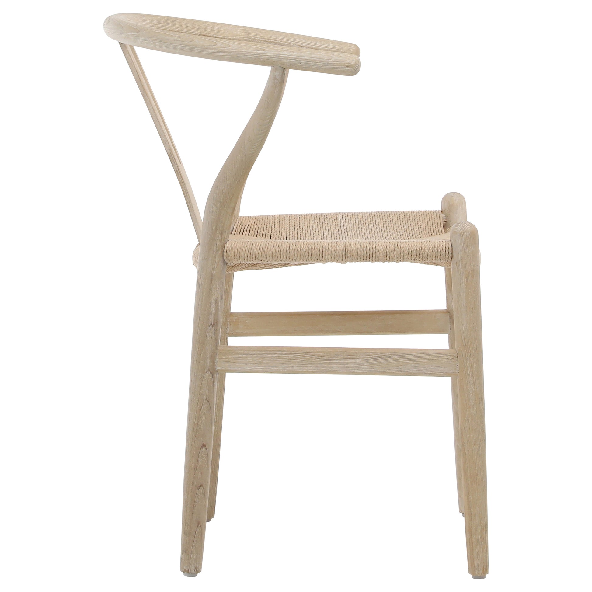 A trendy take on a classic mid-century modern wishbone chair. This dining chair stands out with its curved, oak wood frame and craft paper woven seating. The woven seat adds an organic feel to the sculptural form and cutout back design, while the light finish completes the fresh and airy look. Certainly, a statement piece.Arm_height : 26 in Amethyst Home provides interior design, new home construction design consulting, vintage area rugs, and lighting in the Washington metro area.