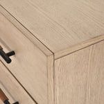 Featuring Rosedale 6 Drawer Dresser by Four Hands at Amethyst Home. The light-finished oak of this Rosedale 6 Drawer Dresser brings a clean, brightness to any room. With six spacious drawers and iron hardware wrapped in a gorgeous, tan leather, this is a functional and beautiful piece to add to your bedroom or other area. 
Overall Dimensions: 62.50"W x 19..  Amethyst Home provides interior design, new home construction design consulting, vintage area rugs, and lighting in the Charlotte metro area.