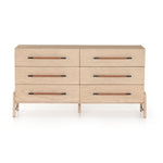 Featuring Rosedale 6 Drawer Dresser by Four Hands at Amethyst Home. The light-finished oak of this Rosedale 6 Drawer Dresser brings a clean, brightness to any room. With six spacious drawers and iron hardware wrapped in a gorgeous, tan leather, this is a functional and beautiful piece to add to your bedroom or other area. 
Overall Dimensions: 62.50"W x.  Amethyst Home provides interior design, new home construction design consulting, vintage area rugs, and lighting in the Winter Garden metro area.