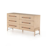 Featuring Rosedale 6 Drawer Dresser by Four Hands at Amethyst Home. The light-finished oak of this Rosedale 6 Drawer Dresser brings a clean, brightness to any room. With six spacious drawers and iron hardware wrapped in a gorgeous, tan leather, this is a functional and beautiful piece to add to your bedroom or other area. 
Overall Dimensions: 62.50"W x 19..  Amethyst Home provides interior design, new home construction design consulting, vintage area rugs, and lighting in the Charlotte metro area.