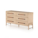 Featuring Rosedale 6 Drawer Dresser by Four Hands at Amethyst Home. The light-finished oak of this Rosedale 6 Drawer Dresser brings a clean, brightness to any room. With six spacious drawers and iron hardware wrapped in a gorgeous, tan leather, this is a functional and beautiful piece to add to your bedroom or other area. 
Overall Dimensions: 62.50"W x 19..  Amethyst Home provides interior design, new home construction design consulting, vintage area rugs, and lighting in the Charlotte metro area.