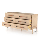 Featuring Rosedale 6 Drawer Dresser by Four Hands at Amethyst Home. The light-finished oak of this Rosedale 6 Drawer Dresser brings a clean, brightness to any room. With six spacious drawers and iron hardware wrapped in a gorgeous, tan leather, this is a functional and beautiful piece to add to your bedroom or other area. 
Overall Dimensions: 62.50"W x 19.50.  Amethyst Home provides interior design, new home construction design consulting, vintage area rugs, and lighting in the Houston metro area.