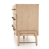 Featuring Rosedale 6 Drawer Dresser by Four Hands at Amethyst Home. The light-finished oak of this Rosedale 6 Drawer Dresser brings a clean, brightness to any room. With six spacious drawers and iron hardware wrapped in a gorgeous, tan leather, this is a functional and beautiful piece to add to your bedroom or other area. 
Overall Dimensions: 62.50"W x.  Amethyst Home provides interior design, new home construction design consulting, vintage area rugs, and lighting in the Newport Beach metro area.