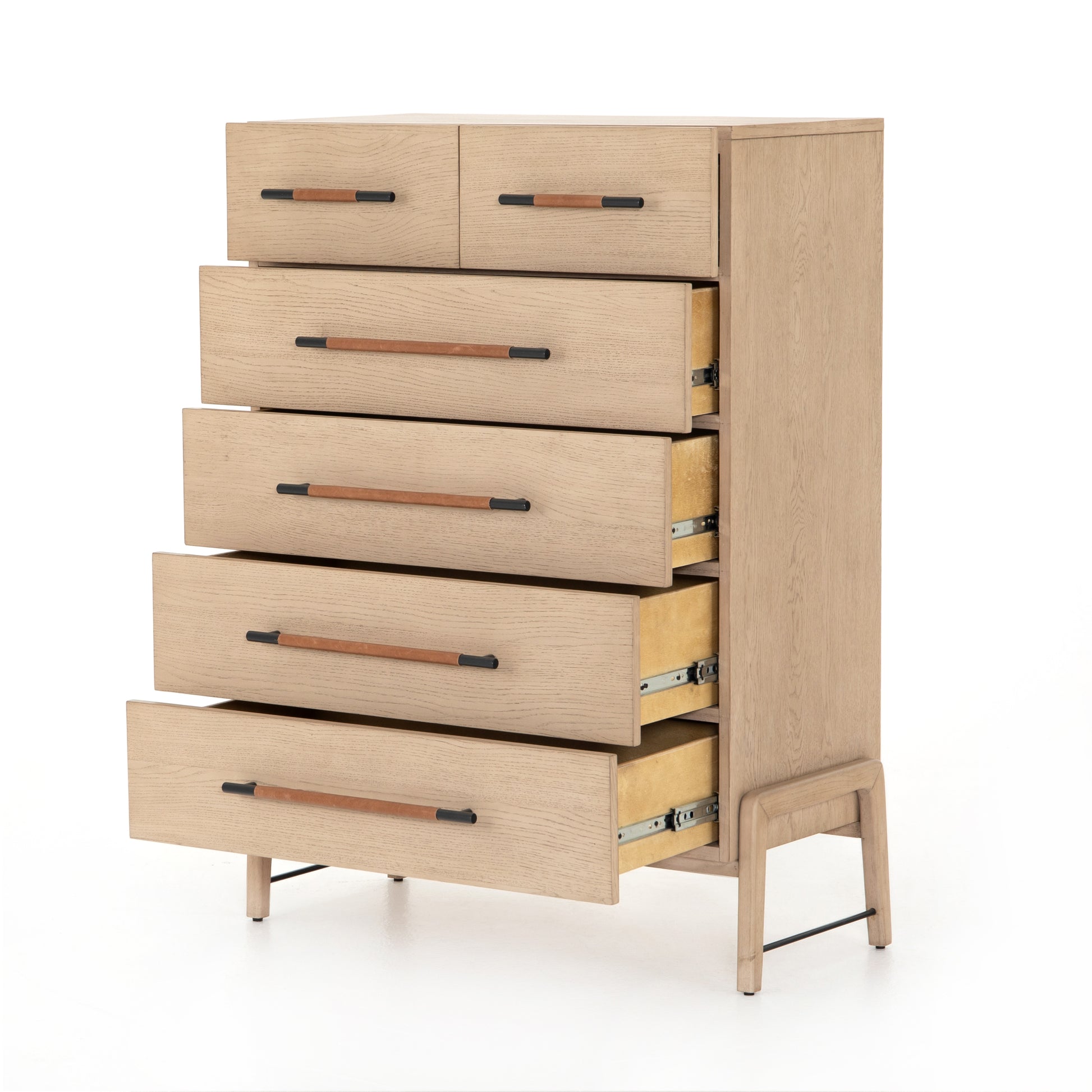The light-finished oak of this Rosedale 6 Drawer Tall Dresser brings a clean, brightness to any room. With four large drawers and two smaller drawers, this is a functional and beautiful piece to add to your bedroom or other area. The iron hardware wrapped in a gorgeous, tan leather really seals the deal!   Overall Dimensions: 36.50"w x 19.50"d x 49.25"h Materials: Oak Veneer, Top Grain Leather, Iron, Solid Oak