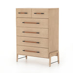 Featuring Rosedale 6 Drawer Tall Dresser by Four Hands at Amethyst Home. The light-finished oak of this Rosedale 6 Drawer Tall Dresser brings a clean, brightness to any room. With four large drawers and two smaller drawers, this is a functional and beautiful piece to add to your bedroom or other area. The iron hardware wrapped in a gorgeous, tan leathe.  Amethyst Home provides interior design, new home construction design consulting, vintage area rugs, and lighting in the Newport Beach metro area.
