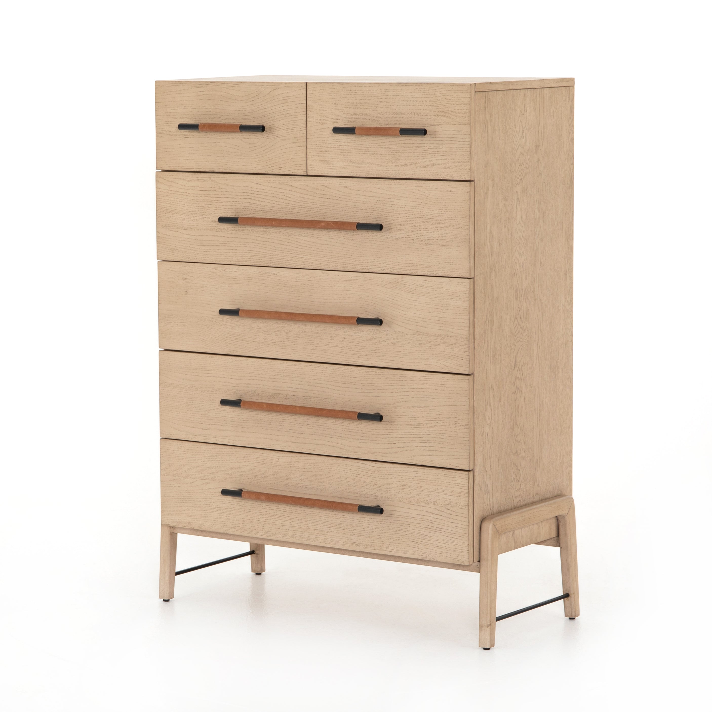 The light-finished oak of this Rosedale 6 Drawer Tall Dresser brings a clean, brightness to any room. With four large drawers and two smaller drawers, this is a functional and beautiful piece to add to your bedroom or other area. The iron hardware wrapped in a gorgeous, tan leather really seals the deal!   Overall Dimensions: 36.50"w x 19.50"d x 49.25"h Materials: Oak Veneer, Top Grain Leather, Iron, Solid Oak