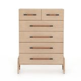 Featuring Rosedale 6 Drawer Tall Dresser by Four Hands at Amethyst Home. The light-finished oak of this Rosedale 6 Drawer Tall Dresser brings a clean, brightness to any room. With four large drawers and two smaller drawers, this is a functional and beautiful piece to add to your bedroom or other area. The iron hardware wrapped in a gorgeous, tan leather re.  Amethyst Home provides interior design, new home construction design consulting, vintage area rugs, and lighting in the Charlotte metro area.