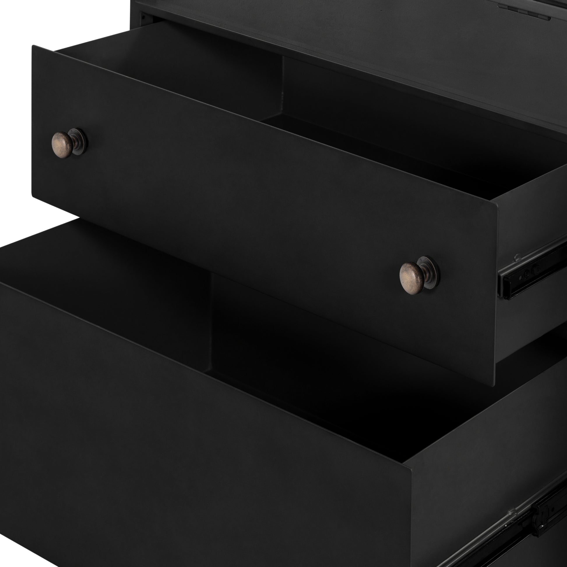 This Shadow Box Nightstand is finished in a gorgeous matte black. We love that the glass top allows you to showcase your favorite jewelry or family keepsake, while the two spacious drawers give you storage space. The knobs are finished in bronze to give this piece a sleek contrast.  Overall Dimensions: 28.00"w x 17.75"d x 30.00"h Materials: Iron, Tempered Glass, Glass