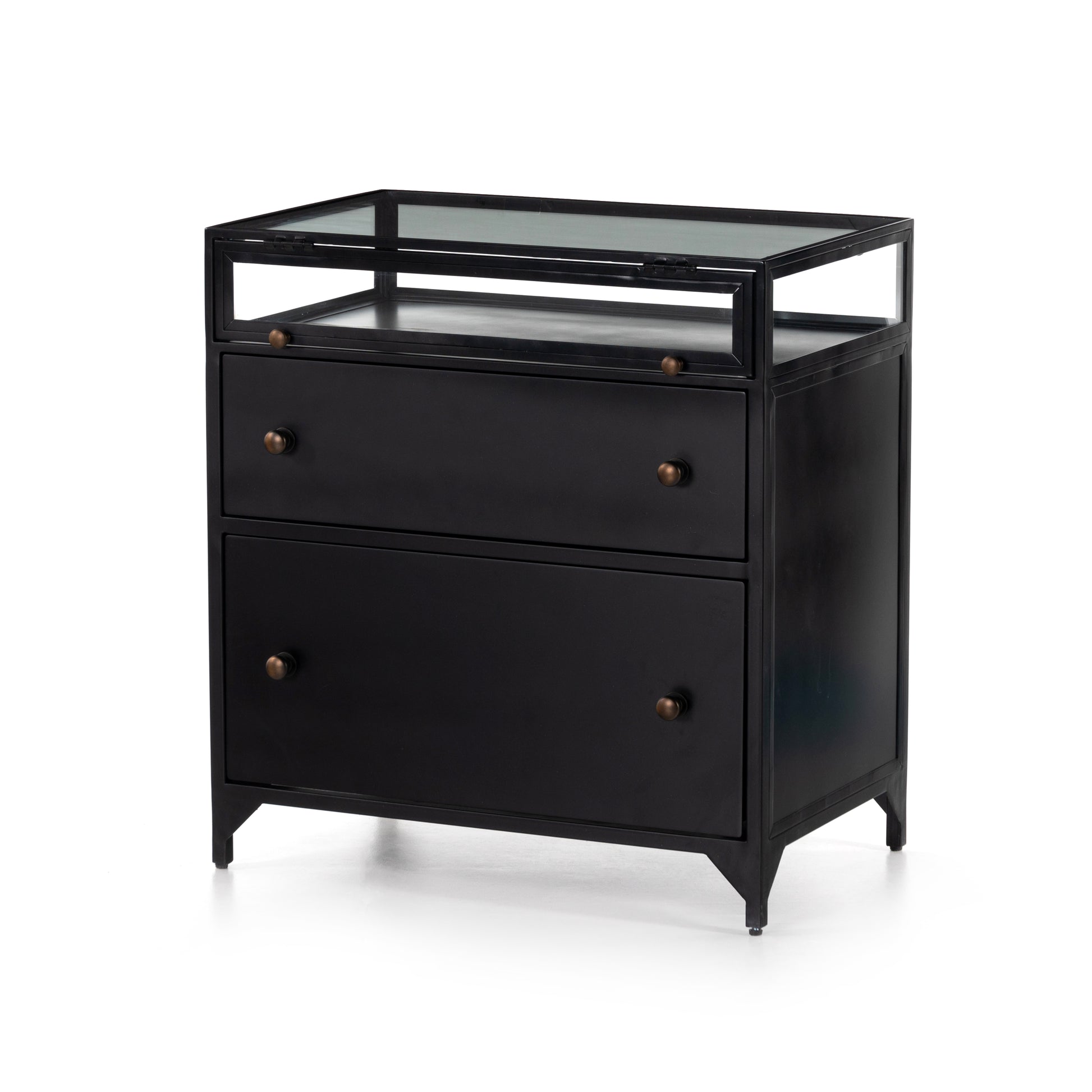 This Shadow Box Nightstand is finished in a gorgeous matte black. We love that the glass top allows you to showcase your favorite jewelry or family keepsake, while the two spacious drawers give you storage space. The knobs are finished in bronze to give this piece a sleek contrast.  Overall Dimensions: 28.00"w x 17.75"d x 30.00"h Materials: Iron, Tempered Glass, Glass
