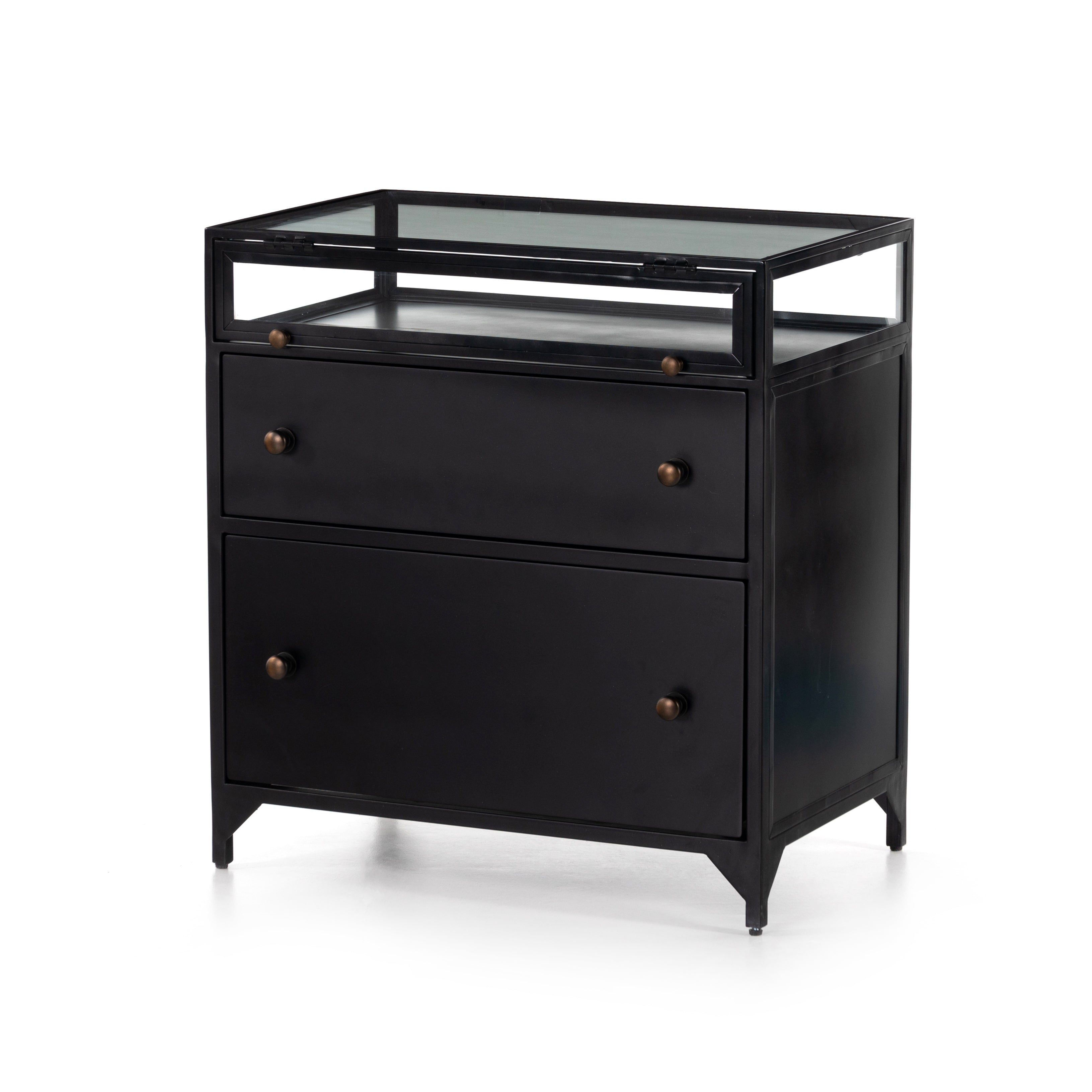This Shadow Box Nightstand is finished in a gorgeous matte black. We love that the glass top allows you to showcase your favorite jewelry or family keepsake, while the two spacious drawers give you storage space. The knobs are finished in bronze to give this piece a sleek contrast.  Overall Dimensions: 28.00"w x 17.75"d x 30.00"h Materials: Iron, Tempered Glass, Glass