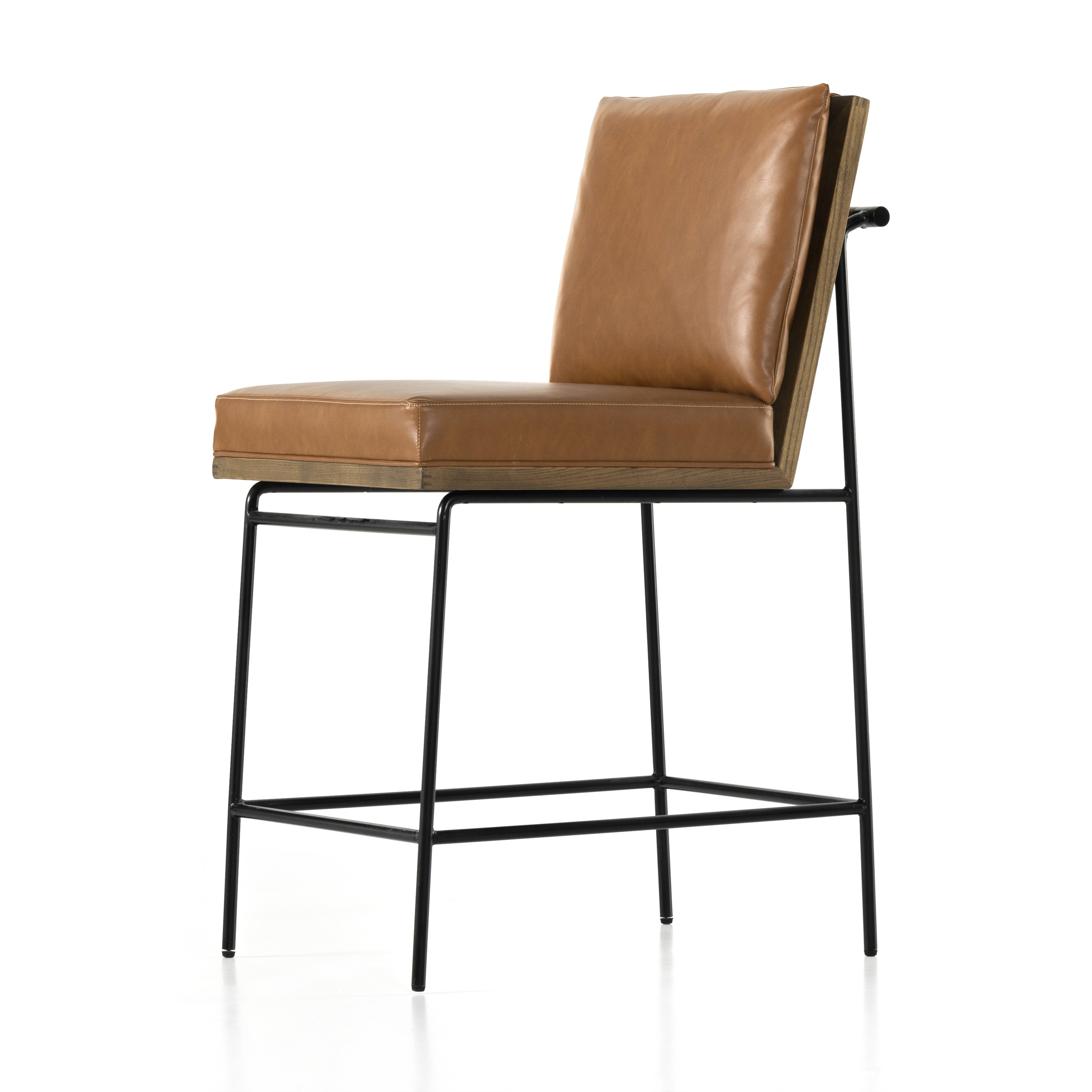 Crisp and clean, with natural panache. Slim, black-finished iron frames a floating ladderback of amber-finished oak and faux leather seating. Rear handle detail adds a fashionable finishing touch. Amethyst Home provides interior design, new home construction design consulting, vintage area rugs, and lighting in the Alpharetta metro area.