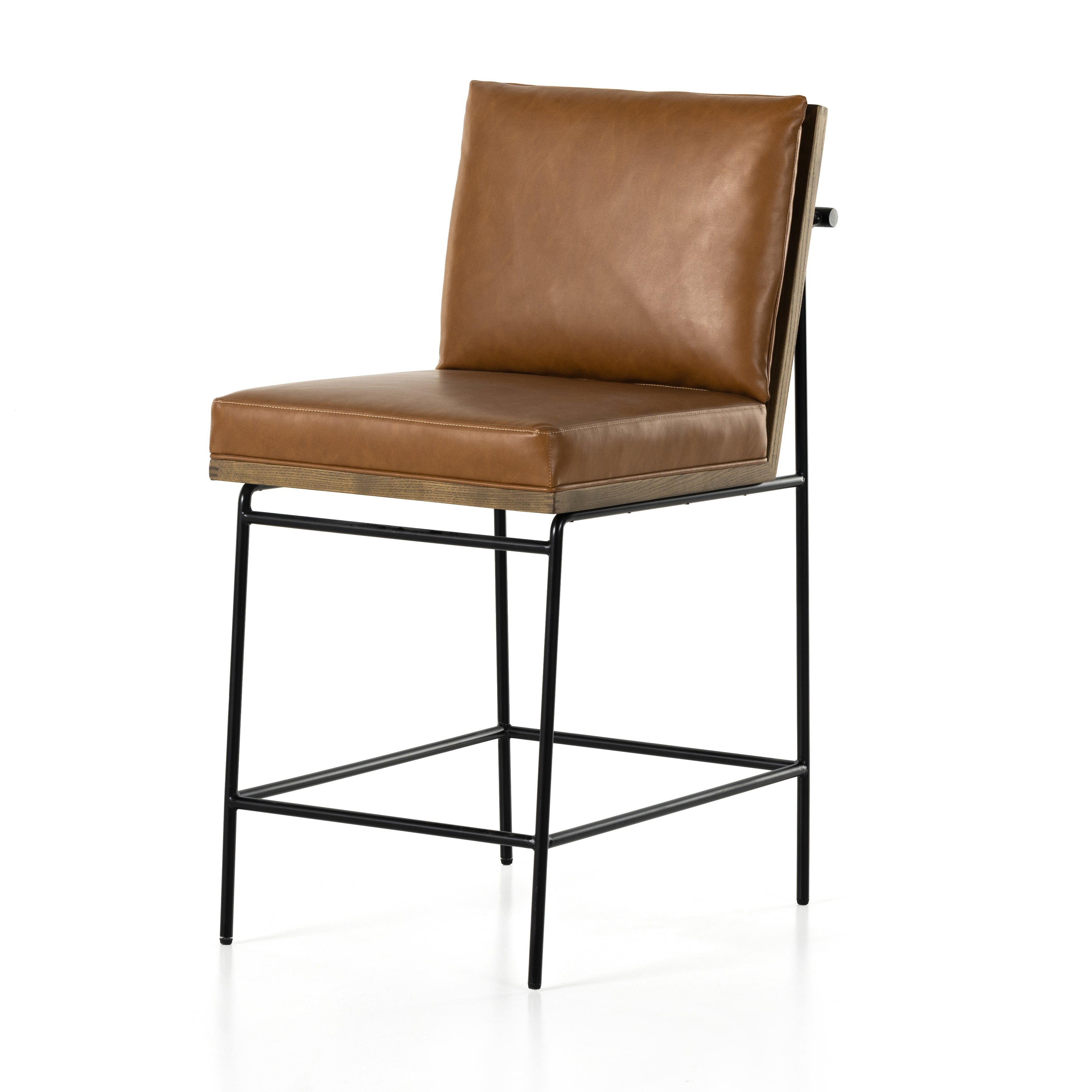Crisp and clean, with natural panache. Slim, black-finished iron frames a floating ladderback of amber-finished oak and faux leather seating. Rear handle detail adds a fashionable finishing touch. Amethyst Home provides interior design, new home construction design consulting, vintage area rugs, and lighting in the Des Moines metro area.