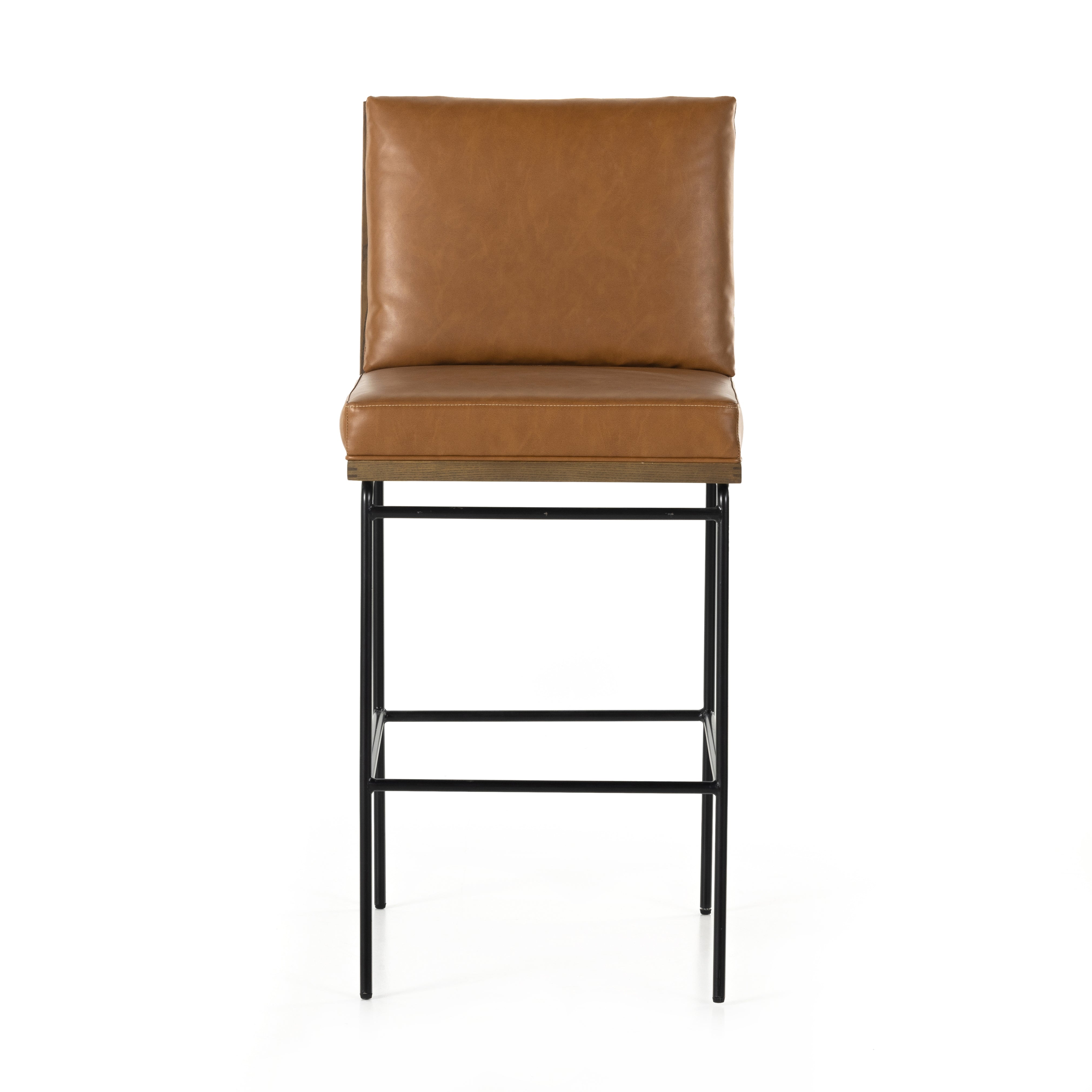 Crisp and clean, with natural panache. Slim, black-finished iron frames a floating ladderback of amber-finished oak and faux leather seating. Rear handle detail adds a fashionable finishing touch. Amethyst Home provides interior design, new home construction design consulting, vintage area rugs, and lighting in the Newport Beach metro area.