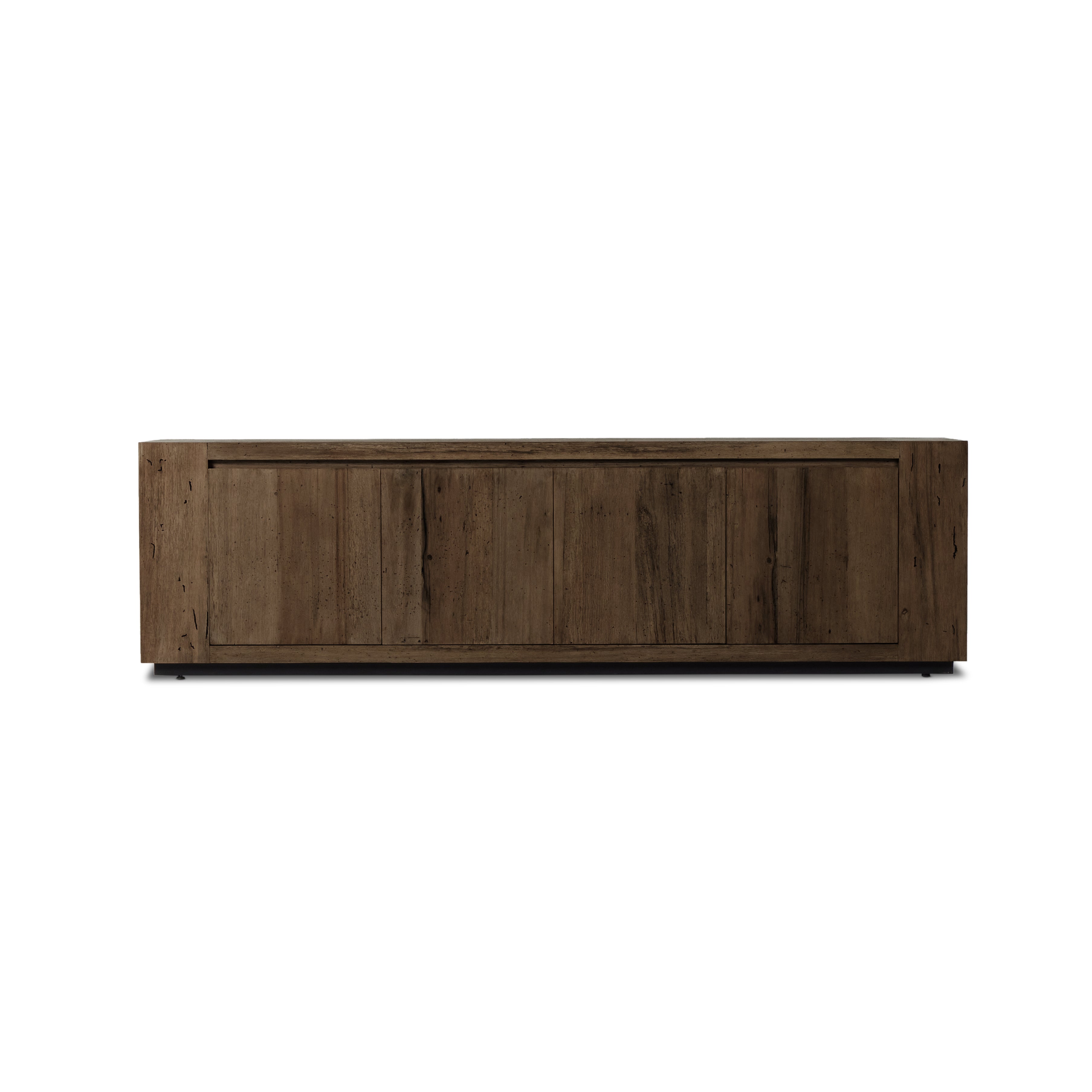 Made from thick-cut oak veneer with a faux rustic finish made to emulate wormwood, this spacious media console features chunky squared legs and dovetail joinery detailing. Amethyst Home provides interior design, new home construction design consulting, vintage area rugs, and lighting in the San Diego metro area.