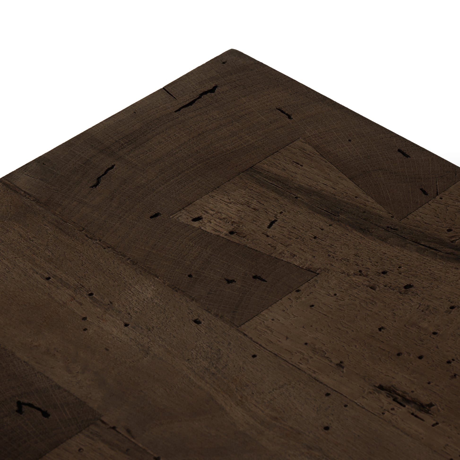 Made from thick-cut oak veneer with a faux rustic finish made to emulate wormwood, this spacious media console features chunky squared legs and dovetail joinery detailing. Amethyst Home provides interior design, new home construction design consulting, vintage area rugs, and lighting in the Washington metro area.