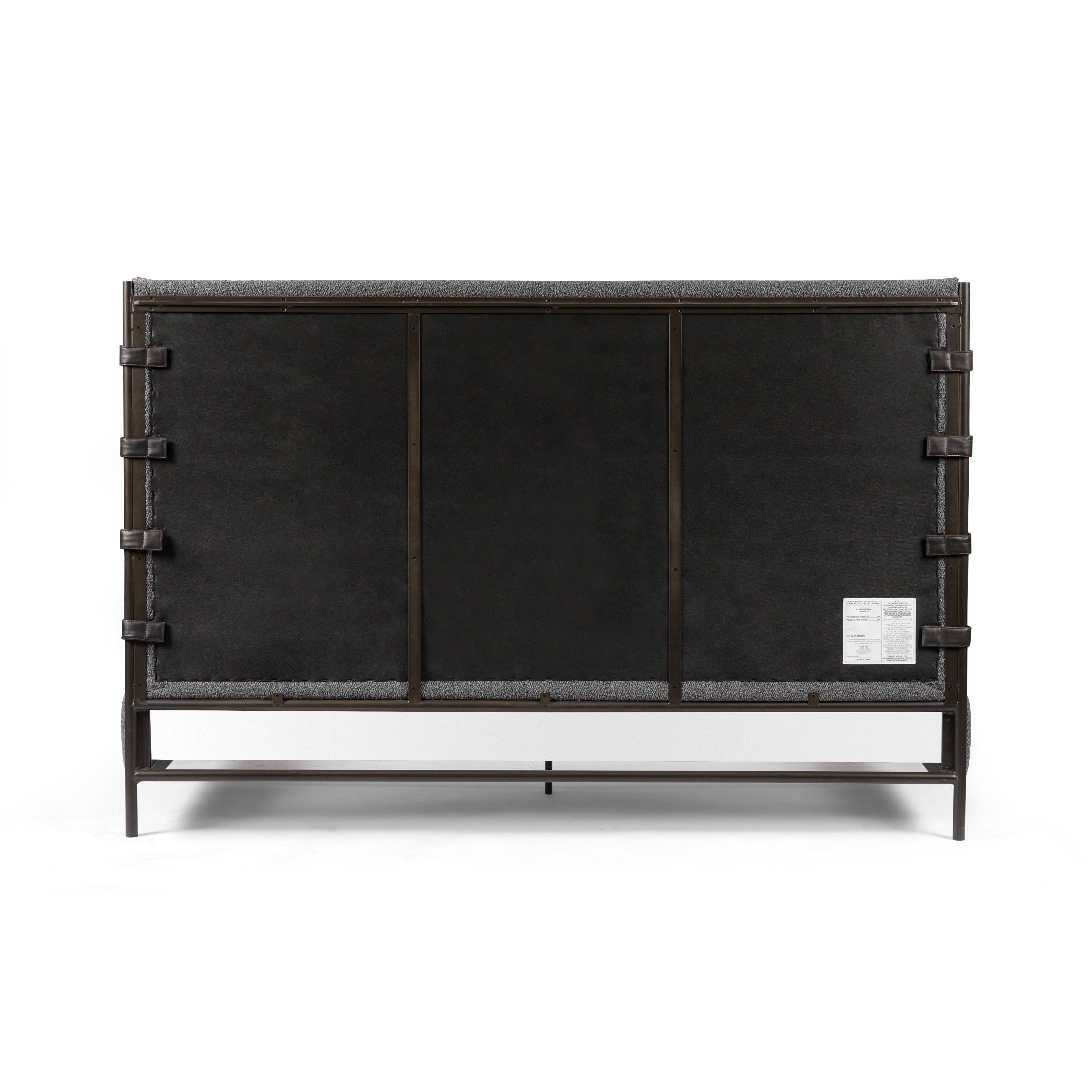 Bring texture into play. Upholstered in a classic cream-colored boucle, with decorative leather straps adding a material-driven touch with contrast. Standard box spring required. Amethyst Home provides interior design services, furniture, rugs, and lighting in the Calabasas metro area.