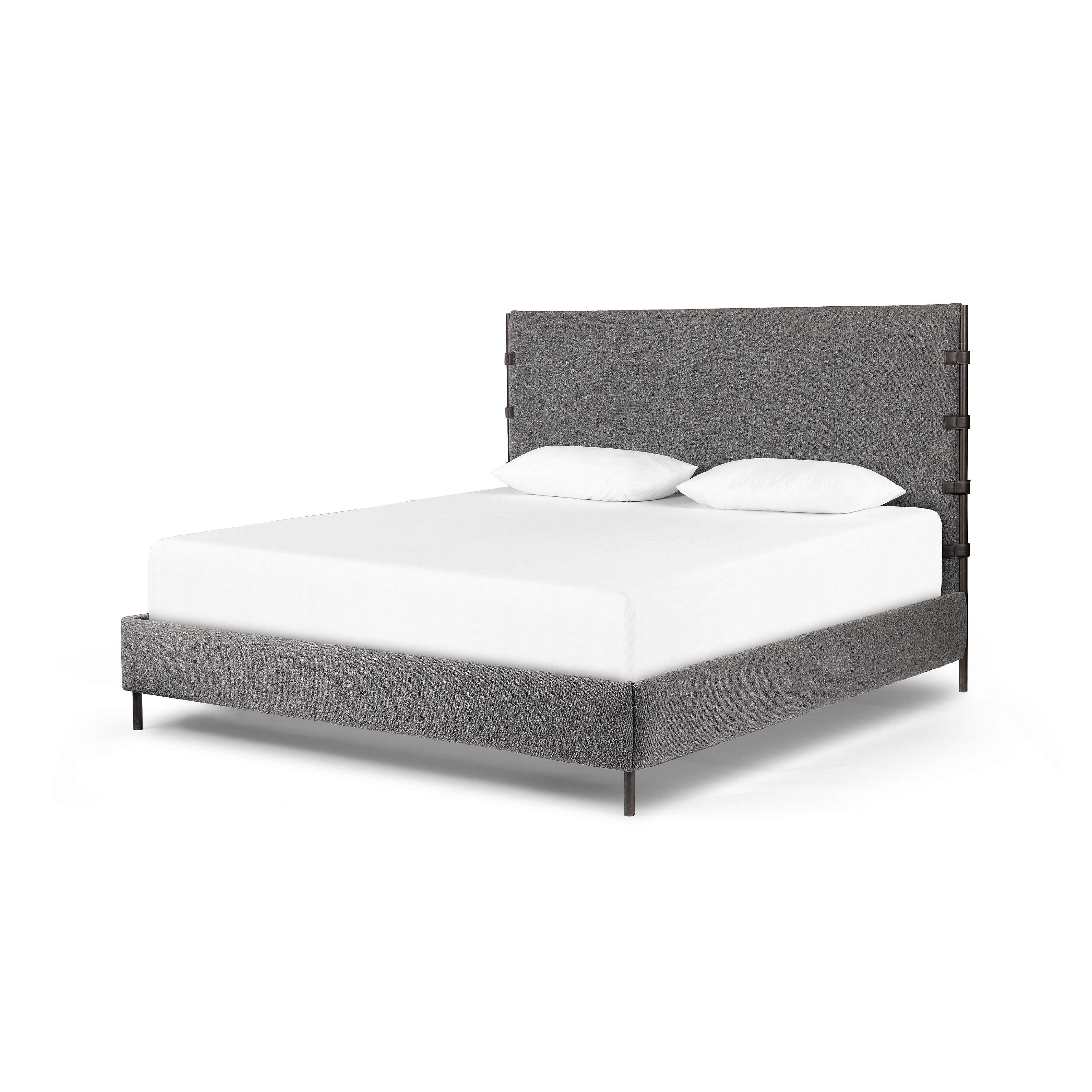 Featuring Anderson Knoll Charcoal Bed by Four Hands at Amethyst Home. Bring texture into play. Upholstered in a performance fabric in a grey boucle for Knoll Charcoal, with decorative leather straps adding a material-driven touch with contrast. Standard box spring required.
Sizes:
King : 81.50"W x 85"L x 55"HInterior dimensions for a  king mattress: 76.75" x 80.75" x 2"
Queen : 65.75"W x 8. Amethyst Home provides interior design services, furniture, rugs, and lighting in the Des Moines metro area.