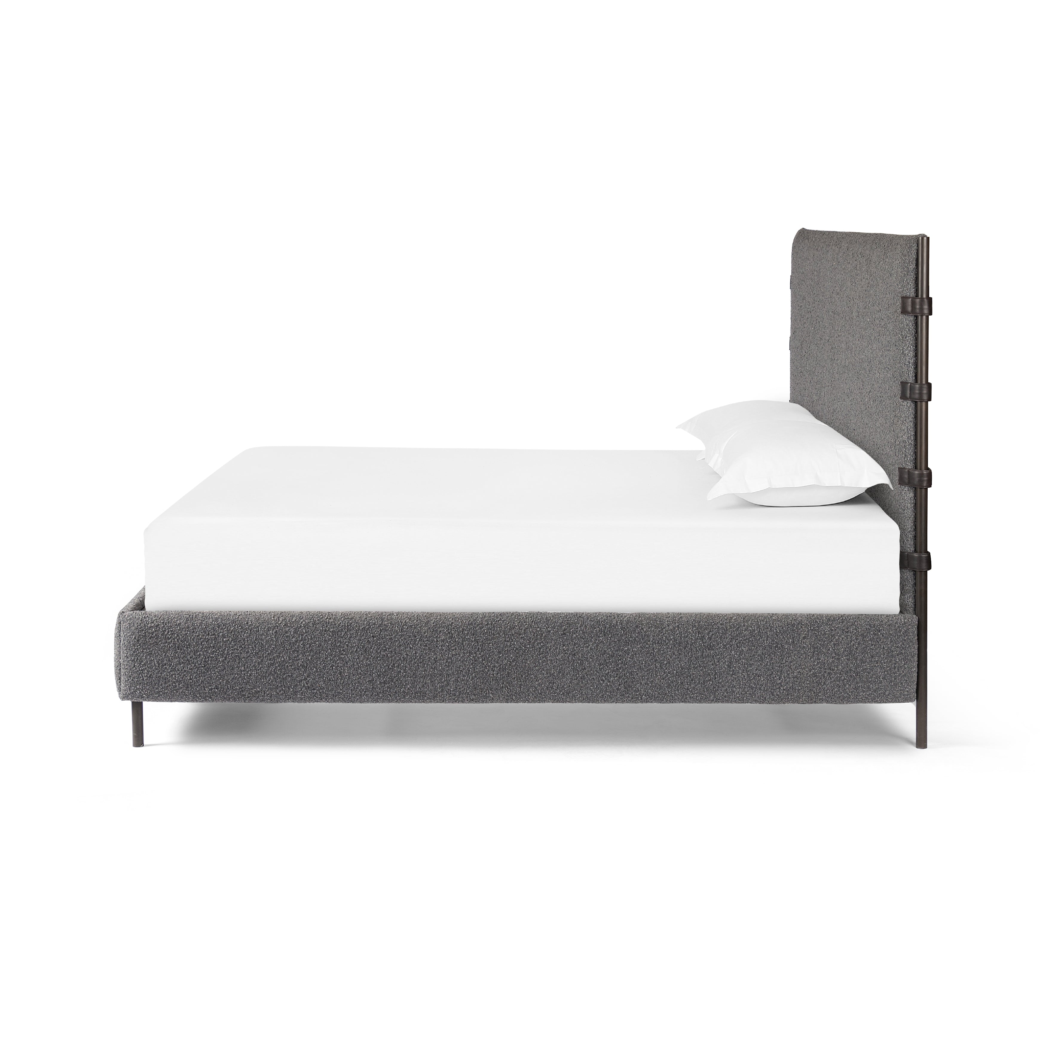 Featuring Anderson Knoll Charcoal Bed by Four Hands at Amethyst Home. Bring texture into play. Upholstered in a performance fabric in a grey boucle for Knoll Charcoal, with decorative leather straps adding a material-driven touch with contrast. Standard box spring required.
Sizes:
King : 81.50"W x 85"L x 55"HInterior dimensions for a  king mattress: 76.75" x 80.75" x 2"
Queen : 65.75"W x 85"L x. Amethyst Home provides interior design services, furniture, rugs, and lighting in the Miami metro area.