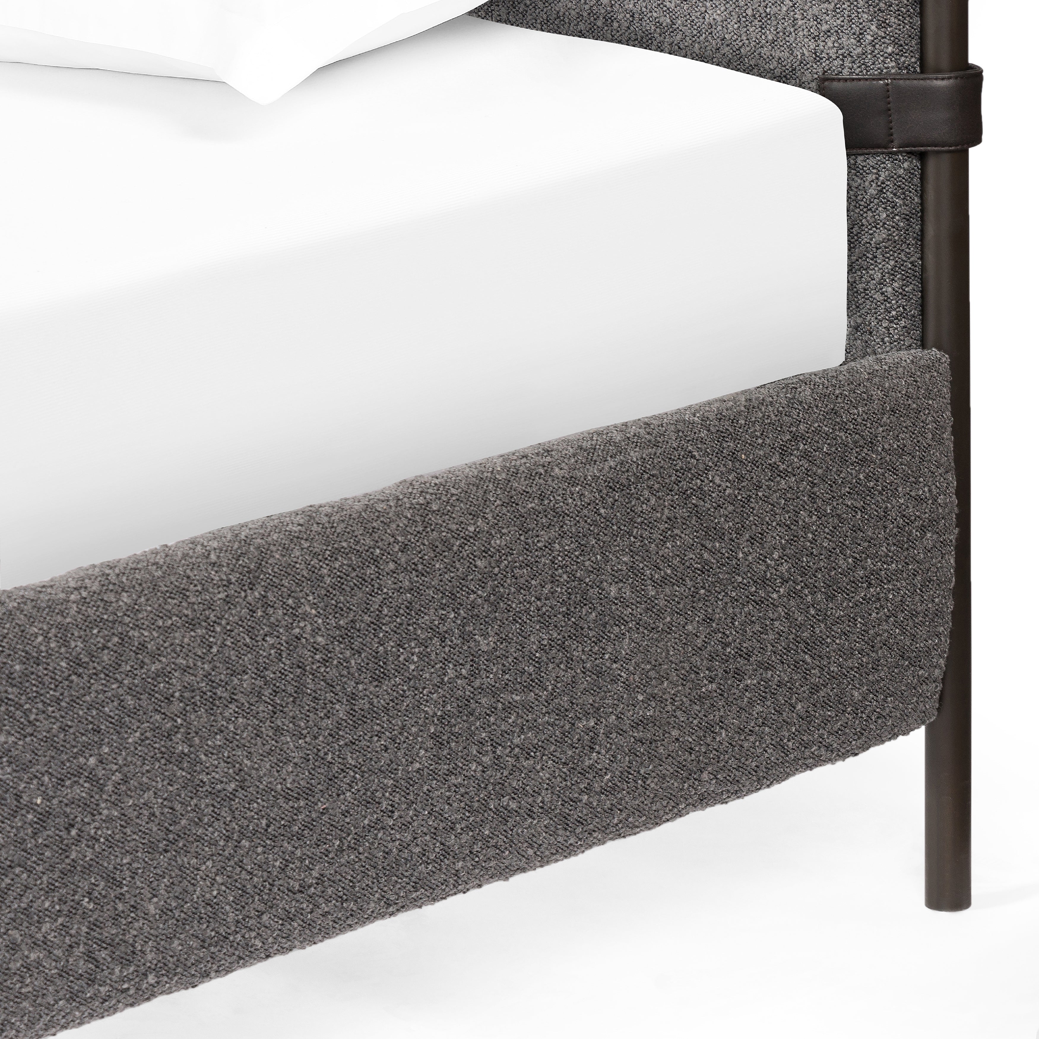 Bring texture into play. Upholstered in a classic cream-colored boucle, with decorative leather straps adding a material-driven touch with contrast. Standard box spring required. Amethyst Home provides interior design services, furniture, rugs, and lighting in the Salt Lake City metro area.