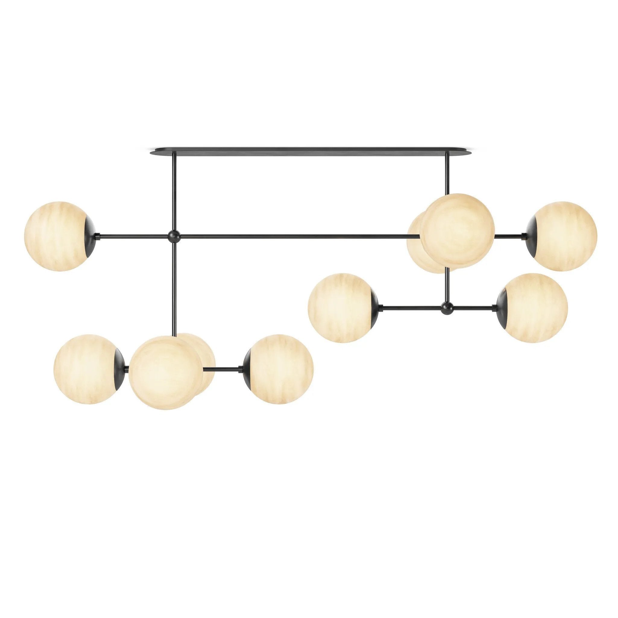 Featuring Armstrong Black Gunmetal Marbled Matte Glass Linear Chandelier by Four Hands at Amethyst Home. Marbled glass spheres seem to extend and reach across smooth brass rods. Each globe is individually blown, shaped and sculpted by hand through a one-hour process. The finish on the brass frame is achieved through a specialized process that turns the bras. Amethyst Home provides interior design, new home construction design consulting, vintage area rugs, and lighting in the Charlotte metro area.