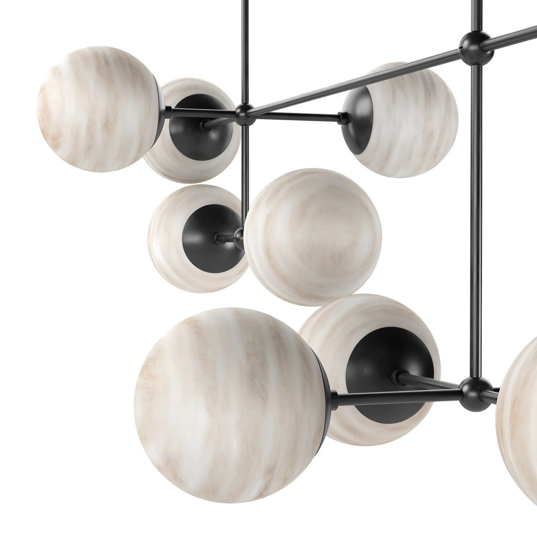 Featuring Armstrong Black Gunmetal Marbled Matte Glass Linear Chandelier by Four Hands at Amethyst Home. Marbled glass spheres seem to extend and reach across smooth brass rods. Each globe is individually blown, shaped and sculpted by hand through a one-hour process. The finish on the brass frame is achieved through a specialized process that turns the bra. Amethyst Home provides interior design, new home construction design consulting, vintage area rugs, and lighting in the Des Moines metro area.