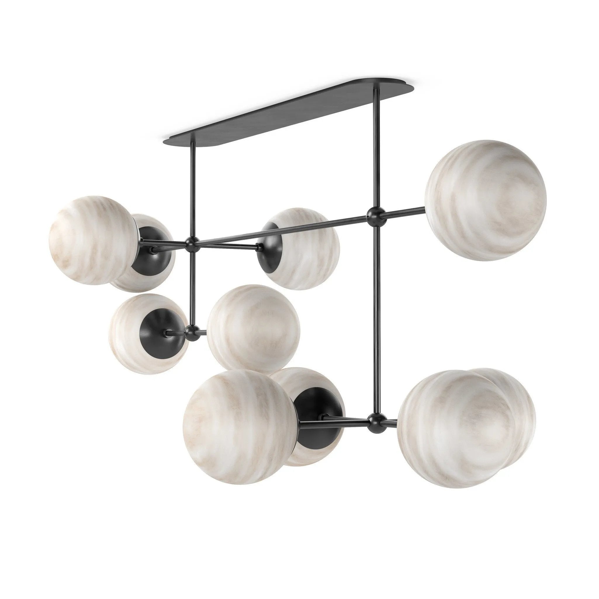 Featuring Armstrong Black Gunmetal Marbled Matte Glass Linear Chandelier by Four Hands at Amethyst Home. Marbled glass spheres seem to extend and reach across smooth brass rods. Each globe is individually blown, shaped and sculpted by hand through a one-hour process. The finish on the brass frame is achieved through a specialized process that turns the bra. Amethyst Home provides interior design, new home construction design consulting, vintage area rugs, and lighting in the Washington metro area.