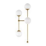 Featuring Armstrong Burnished Brass Opal Matte Glass 4 L Sconce by Four Hands at Amethyst Home. Matte glass spheres seem to extend and reach across smooth brass rods. Each globe is individually blown, shaped and sculpted by hand through a one-hour process. Matte globes are specially manufactured to evenly diffuse light. Brass and glass are 98% recyclable. . Amethyst Home provides interior design, new home construction design consulting, vintage area rugs, and lighting in the Alpharetta metro area.