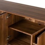 Inspired by campaign-style furniture of the 1800s â€” packable pieces first designed for traveling military use â€” a simply shaped sideboard of natural walnut features a subtly inset top and rounded legs, finished with wooden hardware Amethyst Home provides interior design, new home construction design consulting, vintage area rugs, and lighting in the Calabasas metro area.