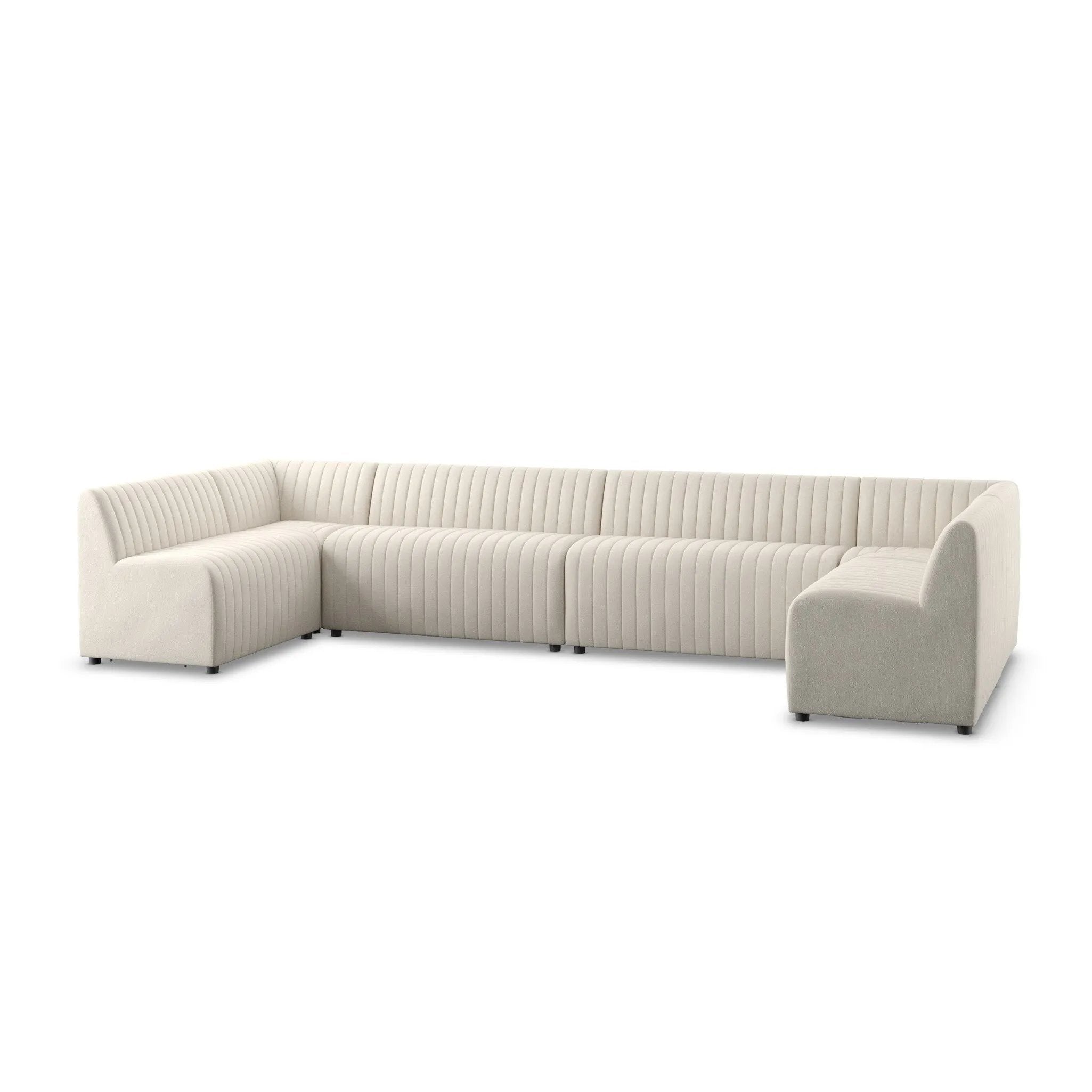 Featuring Augustine Capri Oatmeal U Shape Dining Banquette by Four Hands at Amethyst Home. High-performance fabric in a versatile oatmeal hue features dramatic channeling, for trend-forward texture and sumptuous sit. Option to pair with matching pieces for clever modularity.
Choose your preconfigured width:
106" width:  Overall Dimensions: 106.00"w x 66.50". Amethyst Home provides interior design, new home construction design consulting, vintage area rugs, and lighting in the Calabasas metro area.