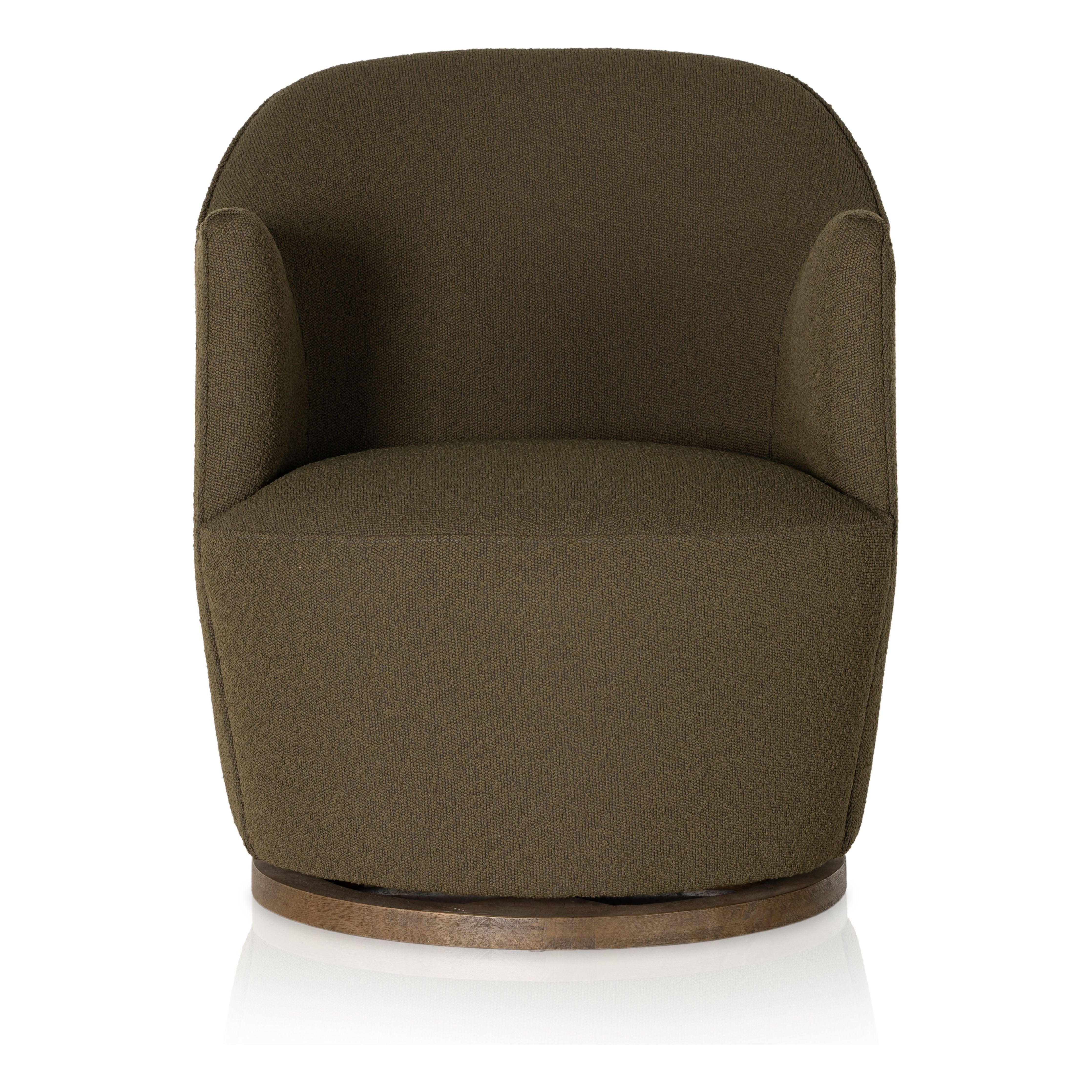 Intriguing while inviting. Drum-style seating is upholstered in a soothing and textural olive boucle. A swivel base of distressed natural parawood places a fresh spin on a feminine form. Performance fabrics are specially created to withstand spills, stains, high traffic and wear, ensuring long-term comfort and unmatched durability. Amethyst Home provides interior design, new construction, custom furniture and area rugs in the Charlotte metro area