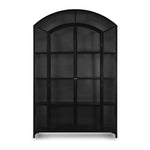 Display barware, books and keepsakes in wide, beautifully arched cabinetry. Solid iron sheeting is finished in a soft, matte black with contrasting brass hardware. Amethyst Home provides interior design, new construction, custom furniture, and area rugs in the Laguna Beach metro area.