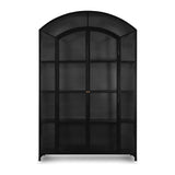 Display barware, books and keepsakes in wide, beautifully arched cabinetry. Solid iron sheeting is finished in a soft, matte black with contrasting brass hardware. Amethyst Home provides interior design, new construction, custom furniture, and area rugs in the Laguna Beach metro area.