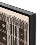 Featuring Bhujodi Chocolate Textile by Four Hands at Amethyst Home. A Bhujodi-style textile is framed within rustic walnut for a gallery-quality look. Handmade in Austin, Texas.Overall Dimensions: 75"W x 2.50"L x 35"HColors: Black 2.5 Maple, Bhujodi ChocolateMaterials: American Maple, 100% Wool. Amethyst Home provides interior design, new home construction design consulting, vintage area rugs, and lighting in the Boston metro area.