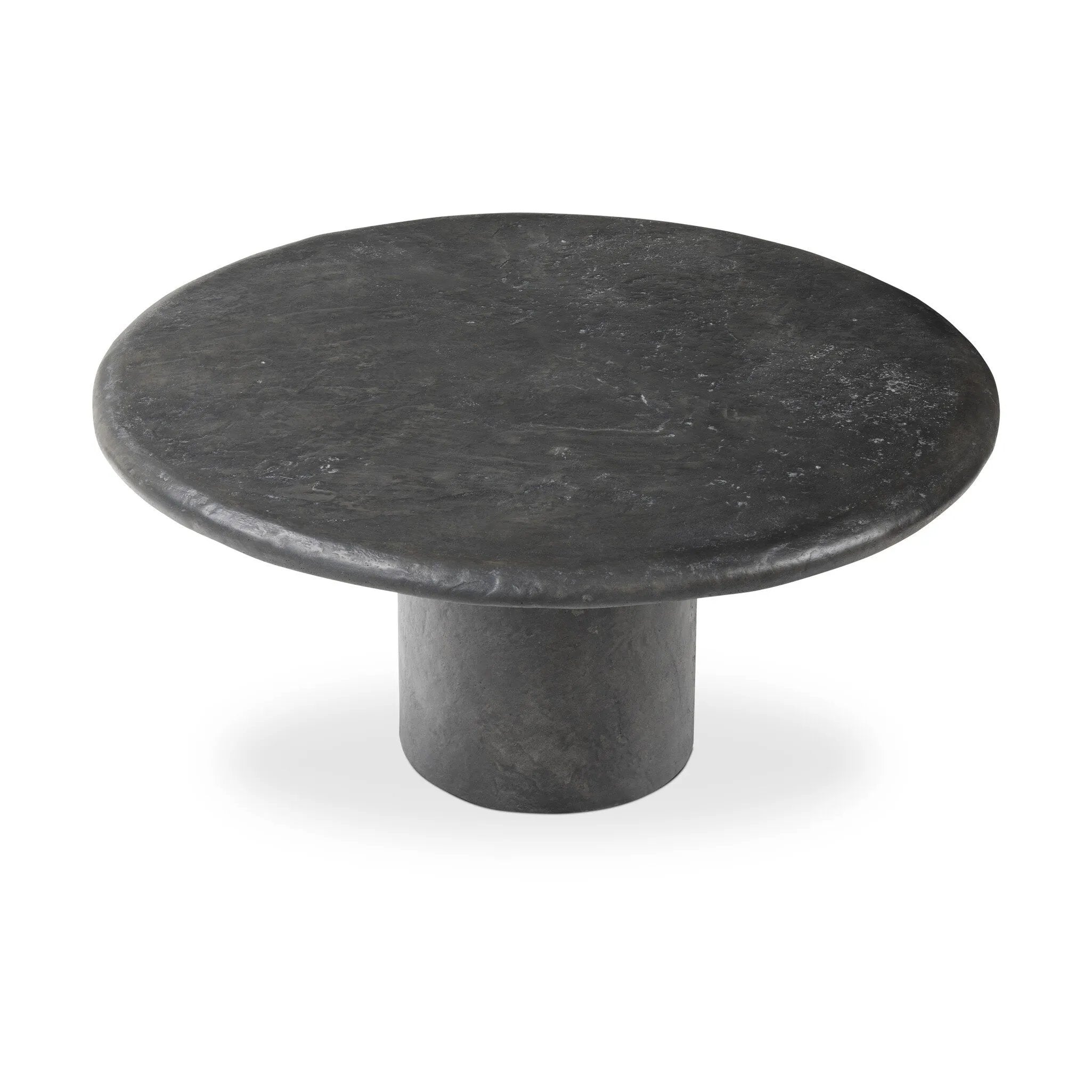 Featuring Bonnie Textured Black Concrete Coffee Table by Four Hands at Amethyst Home. A cylindrical pedestal base delivers a touch of softness to a a heavily textured tabletop of slate-like concrete.Collection: ChandlerColors: Textured Black ConcreteMaterials: Concrete Weight: 72.75 lbs. Amethyst Home provides interior design, new home construction design consulting, vintage area rugs, and lighting in the Portland metro area.