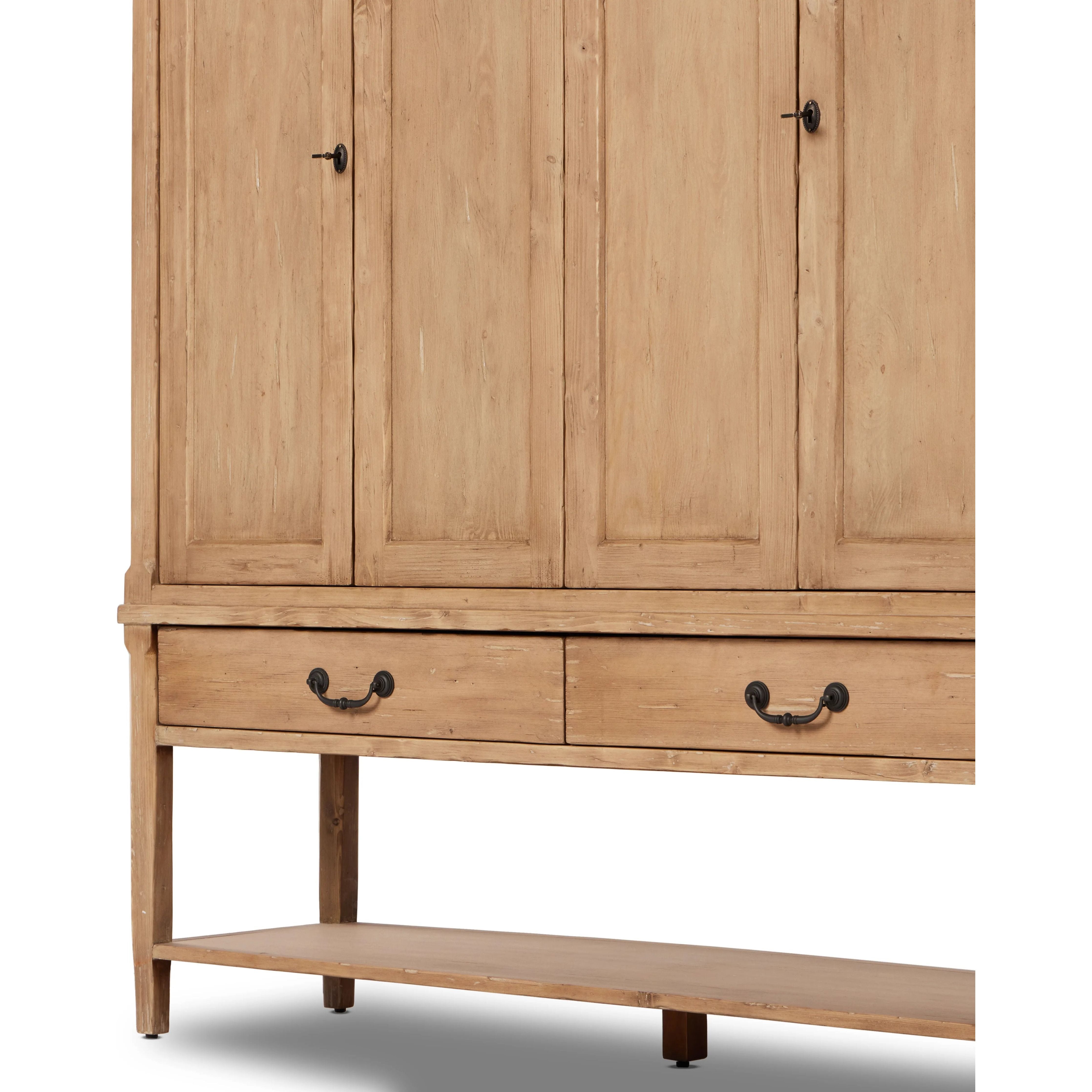Inspired by clean Scandinavian design, a light finish balances the large scale of solid pine cabinetry. Interior shelving plus dual drawers bring bonus storage options to any space Amethyst Home provides interior design, new home construction design consulting, vintage area rugs, and lighting in the San Diego metro area.