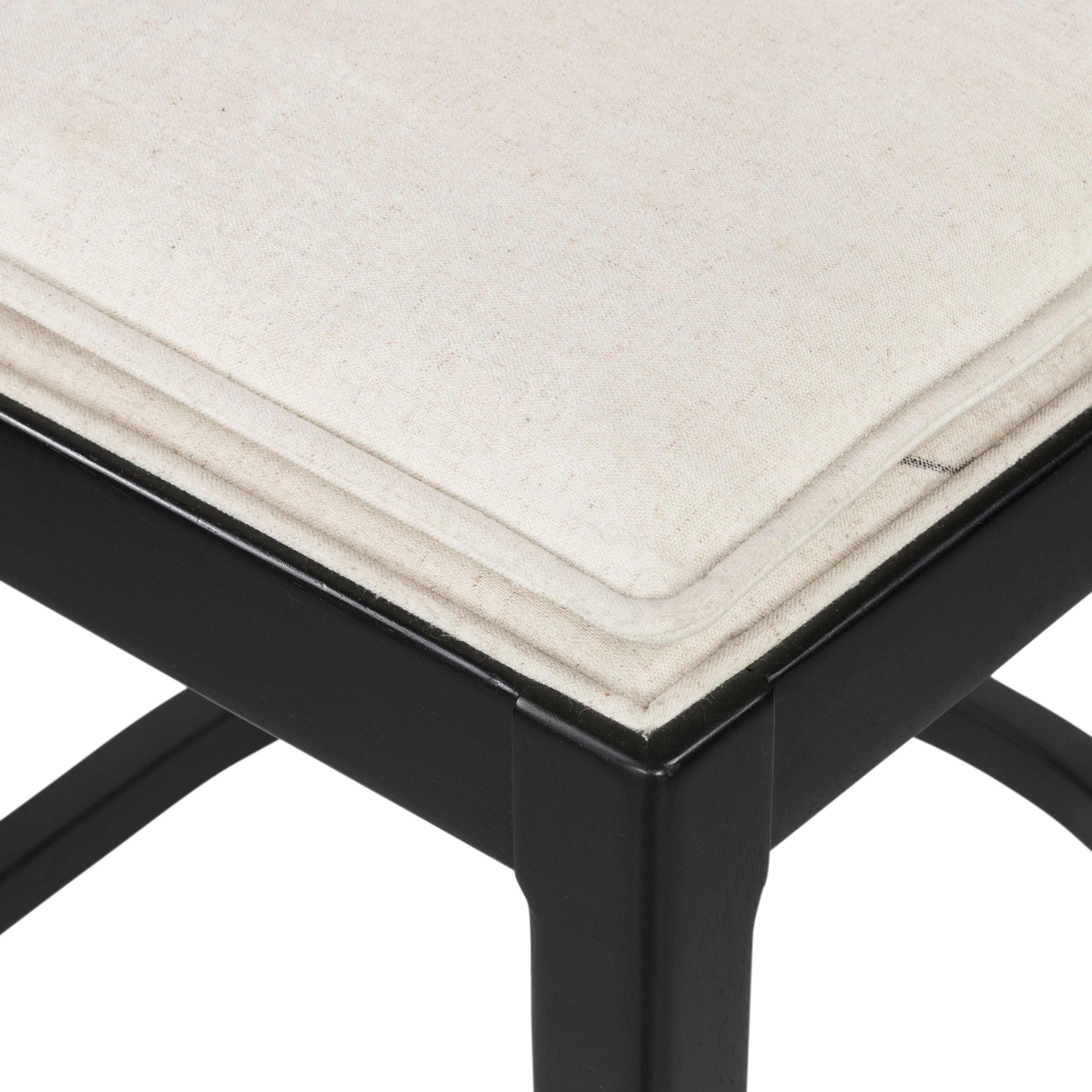 Mixed materials refresh retro styling. Brushed ebony nettlewood frames a textural inlay of natural cane for beautifully crisp contrast. Fastened by Velcro, light, linen-blend seating of high-performance fabric brings modern sensibility to the counter. Amethyst Home provides interior design, new home construction design consulting, vintage area rugs, and lighting in the Dallas metro area.