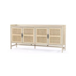 Monochromatic with a textural twist. Natural mango frames woven cane fronts, with black iron hardware for subtle contrast. Inside, spacious shelving awaits storage of dinnerware and more Amethyst Home provides interior design, new home construction design consulting, vintage area rugs, and lighting in the Kansas City metro area.