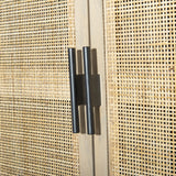 Monochromatic with a textural twist. Natural mango frames woven cane fronts, with black iron hardware for subtle contrast. Inside, spacious shelving awaits storage of dinnerware and more Amethyst Home provides interior design, new home construction design consulting, vintage area rugs, and lighting in the Tampa metro area.