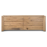 Designed by Thomas Bina and Ronald Sasson, a design partnership blending both modern minimalist and Brazilian influences. This grand-scale dresser is crafted from natural reclaimed French oak with plenty of graining, cracking and movement across the drawer fronts. Detailed with angled legs and exposed joinery on the top. Amethyst Home provides interior design, new home construction design consulting, vintage area rugs, and lighting in the Austin metro area.