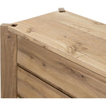 Designed by Thomas Bina and Ronald Sasson, a design partnership blending both modern minimalist and Brazilian influences. This grand-scale dresser is crafted from natural reclaimed French oak with plenty of graining, cracking and movement across the drawer fronts. Detailed with angled legs and exposed joinery on the top. Amethyst Home provides interior design, new home construction design consulting, vintage area rugs, and lighting in the Charlotte metro area.