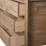 Designed by Thomas Bina and Ronald Sasson, a design partnership blending both modern minimalist and Brazilian influences. This grand-scale dresser is crafted from natural reclaimed French oak with plenty of graining, cracking and movement across the drawer fronts. Detailed with angled legs and exposed joinery on the top. Amethyst Home provides interior design, new home construction design consulting, vintage area rugs, and lighting in the Laguna Beach metro area.