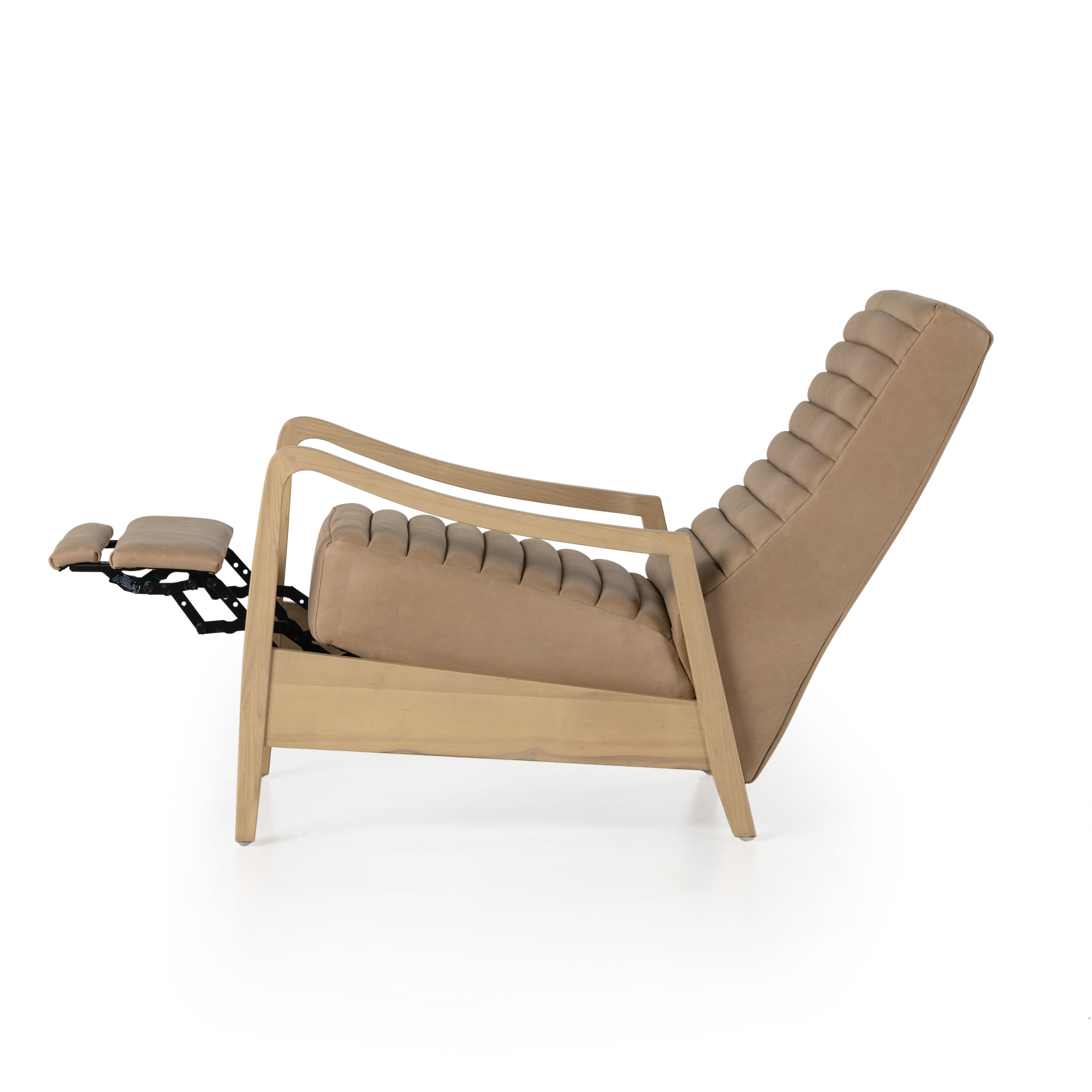 A dramatically shaped midcentury silhouette, modernized with channel tufting. Upholstered in a nude hue top-grain leather with natural whitewashed ash framing for a clean, monochromatic look. A push recliner takes this forward-thinking lounger to the next level. Amethyst Home provides interior design, new construction, custom furniture, and area rugs in the Houston metro area.